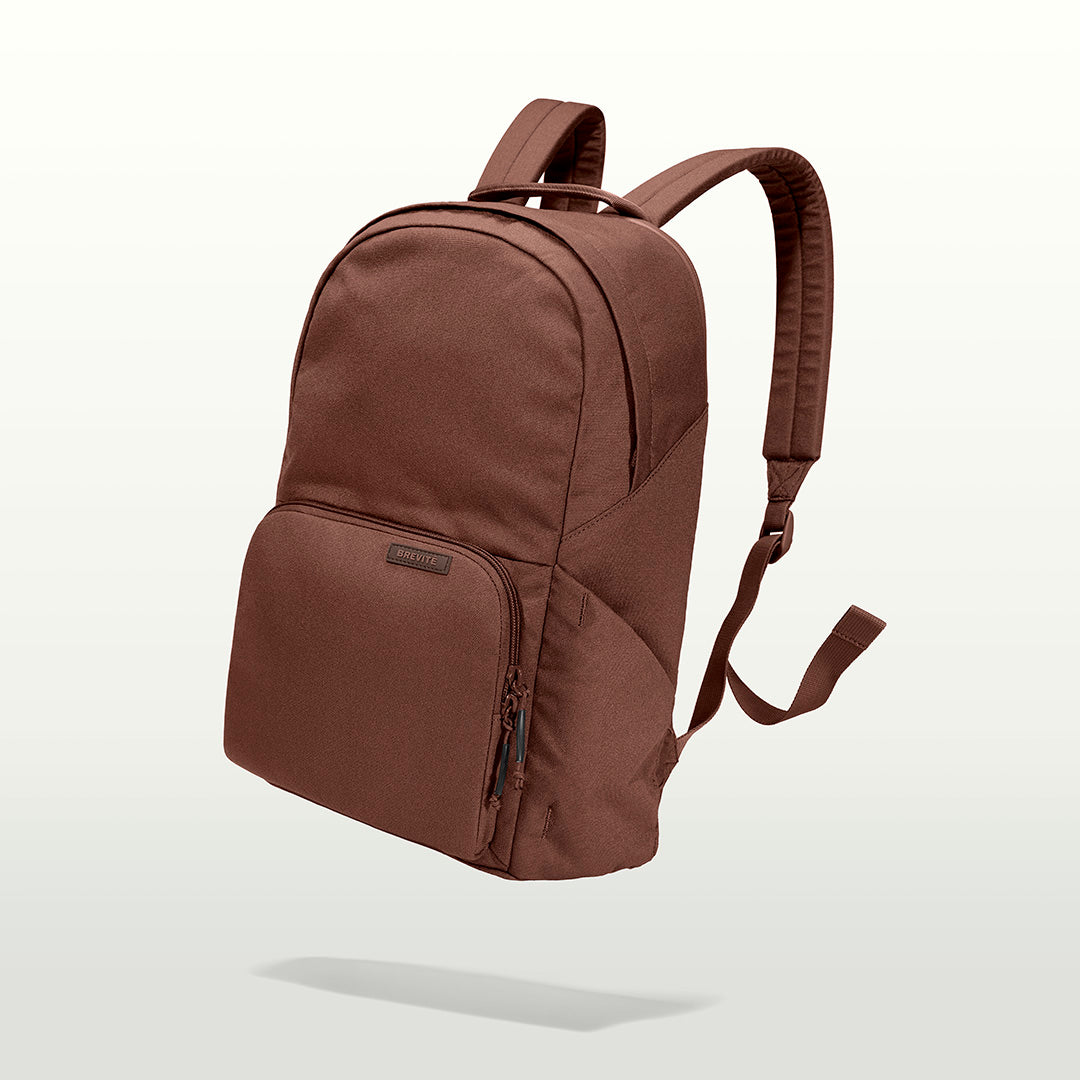 The Brevitē Backpack in Burnt Brown, three-quarter view
