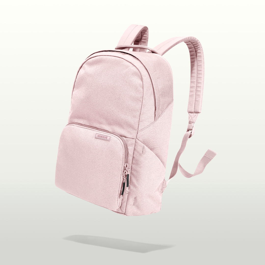 The Brevitē Backpack in Blush Pink, three-quarter view