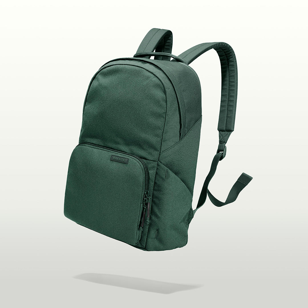The Brevitē Backpack in Jade Green, three-quarter view