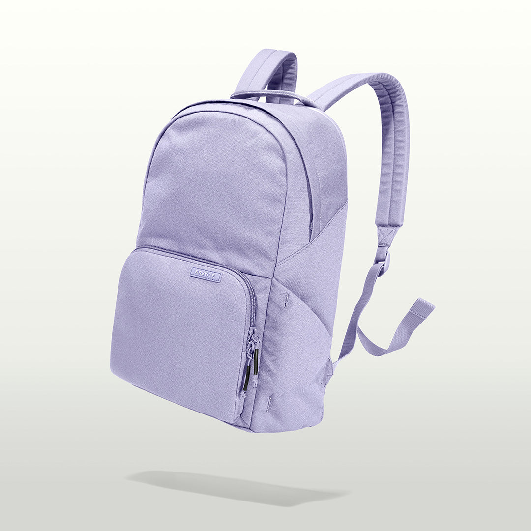 The Brevitē Backpack in Lavender Dream, three-quarter view