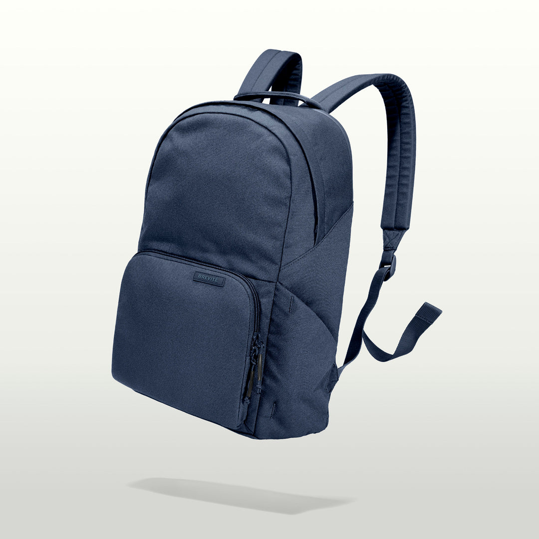 The Brevitē Backpack in Moonlit Blue, three-quarter view