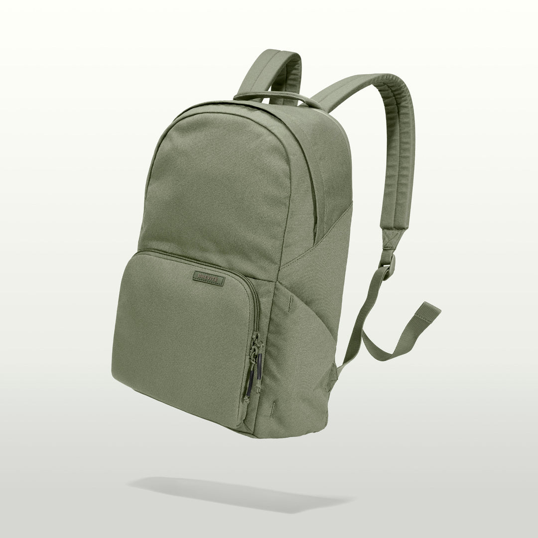 The Brevitē Backpack in Pine Green, three-quarter view