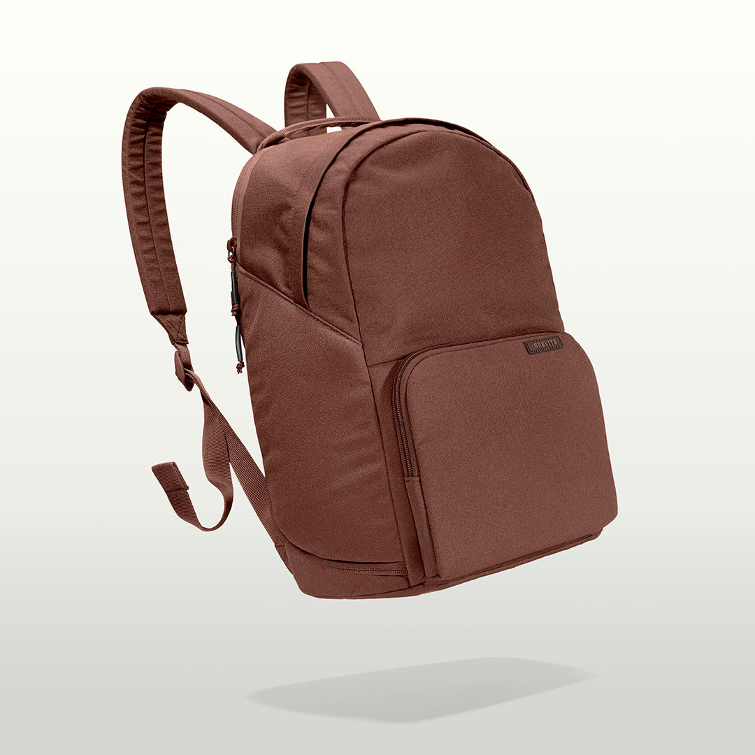 The Brevitē Backpack in Burnt Brown, three-quarter view