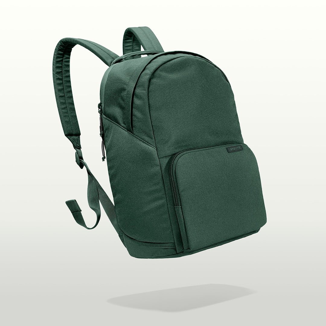 The Brevitē Backpack in Jade Green, three-quarter view
