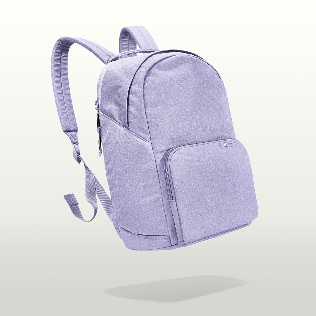 The Brevitē Backpack in Lavender Dream, three-quarter view