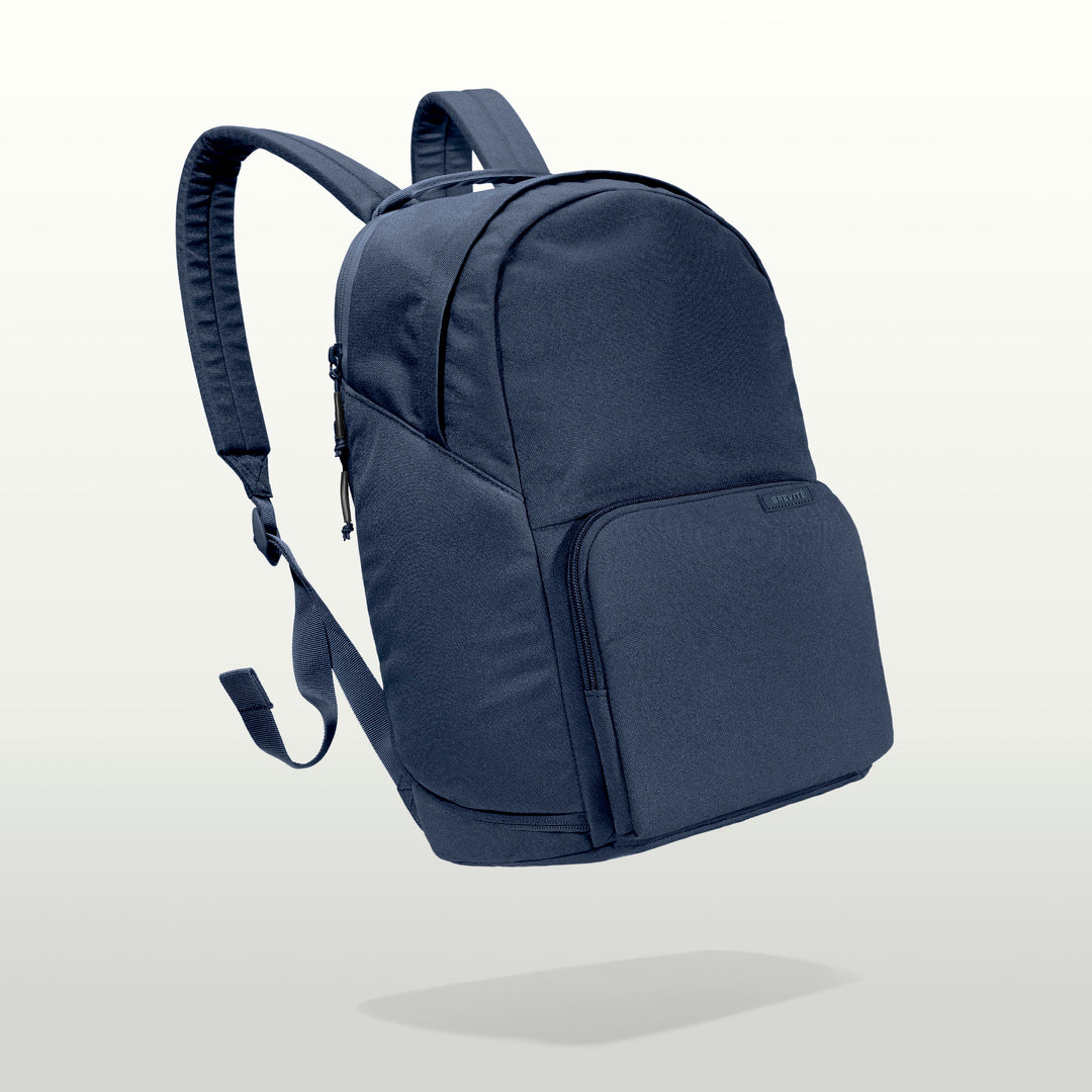 The Brevitē Backpack in Moonlit Blue, three-quarter view