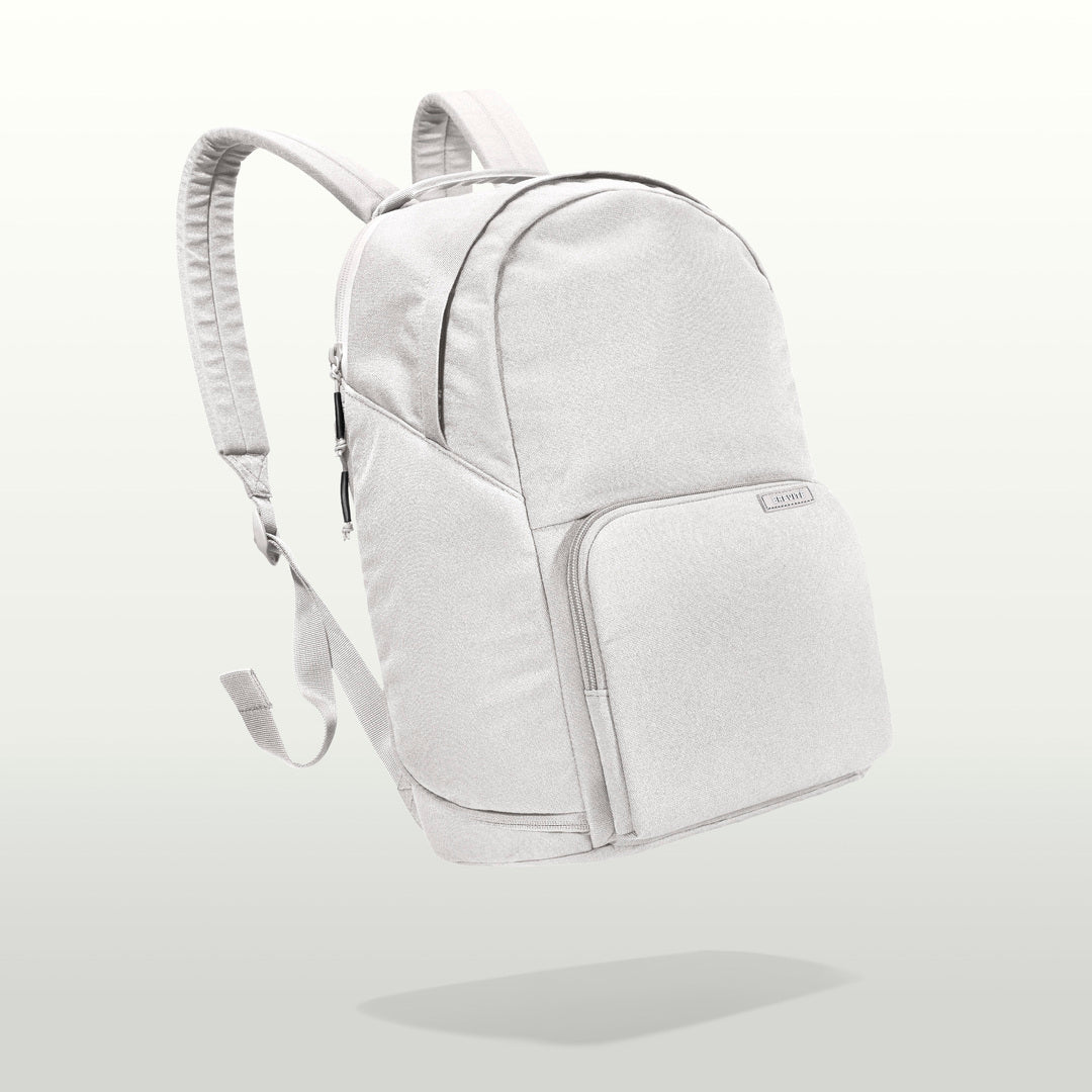 The Brevitē Backpack in Nimbus Gray, three-quarter view