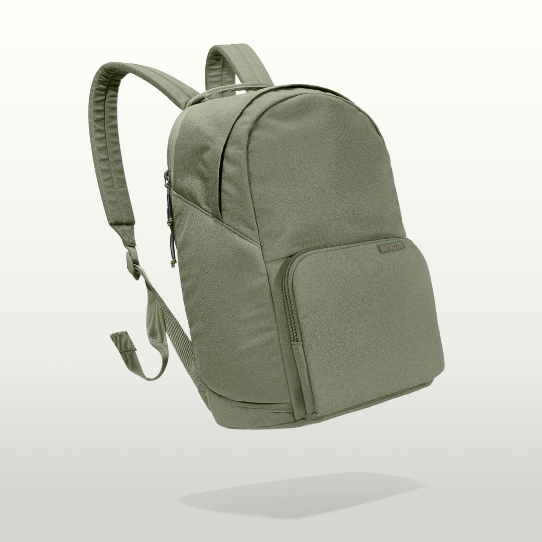 The Brevitē Backpack in Pine Green, three-quarter view