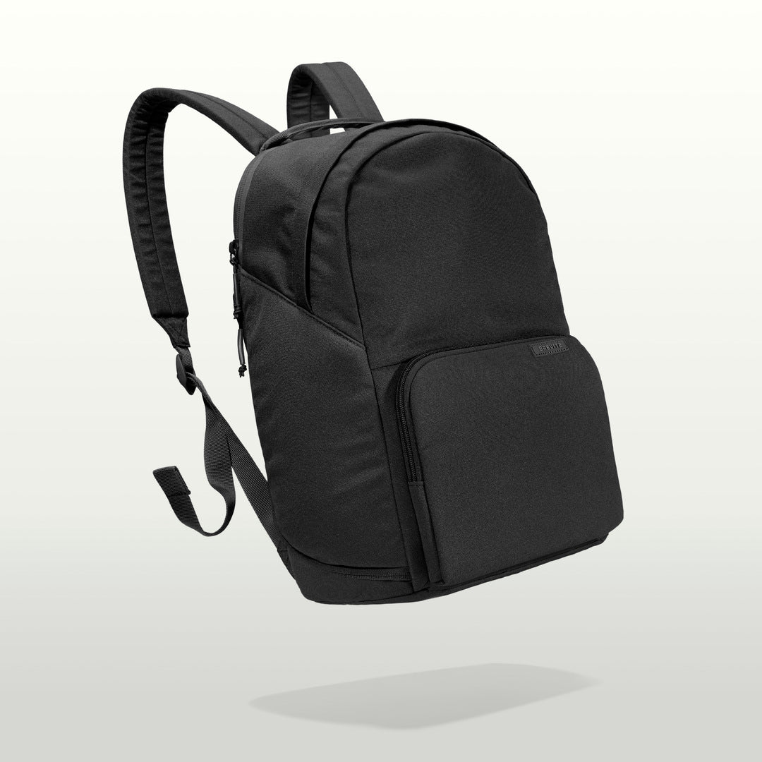 The Brevitē Backpack in Triple Black, three-quarter view