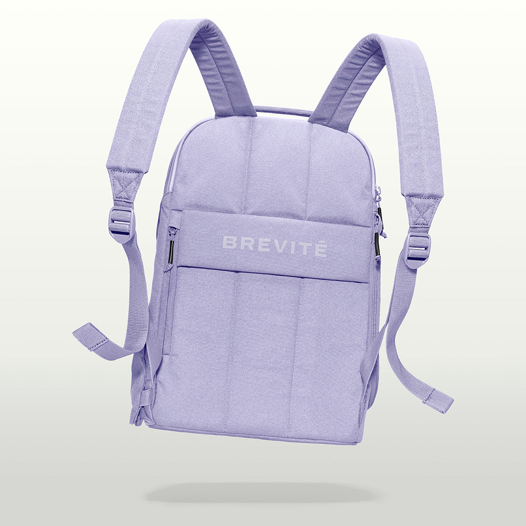 The Brevitē Backpack in Lavender Dream, back panel and shoulder straps