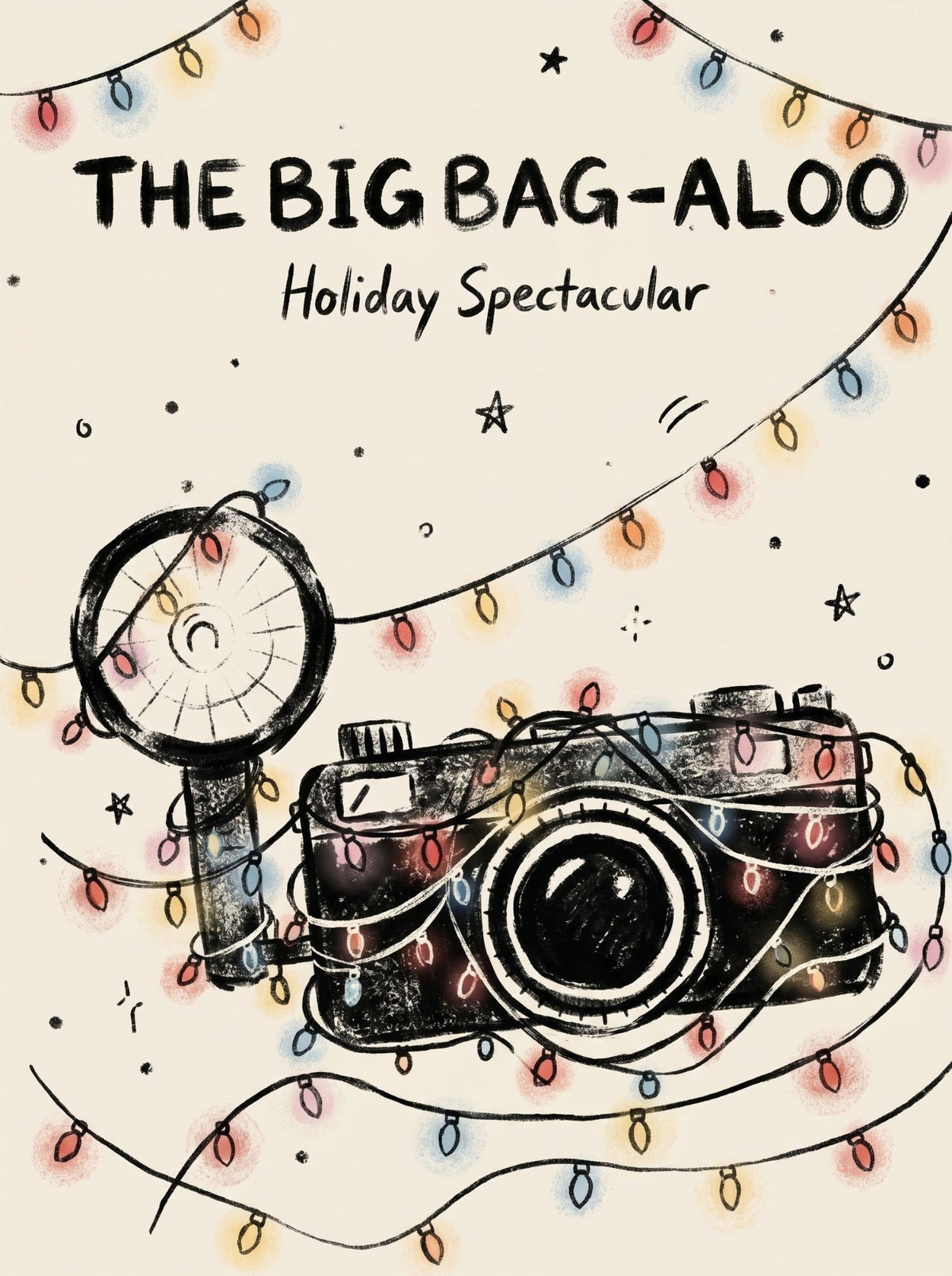 Hand-drawn vintage camera and flash wrapped in strings of colored holiday lights